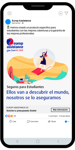 Mockup de un móvil con un anuncio de facebook de Europ Assistance para estudiantes