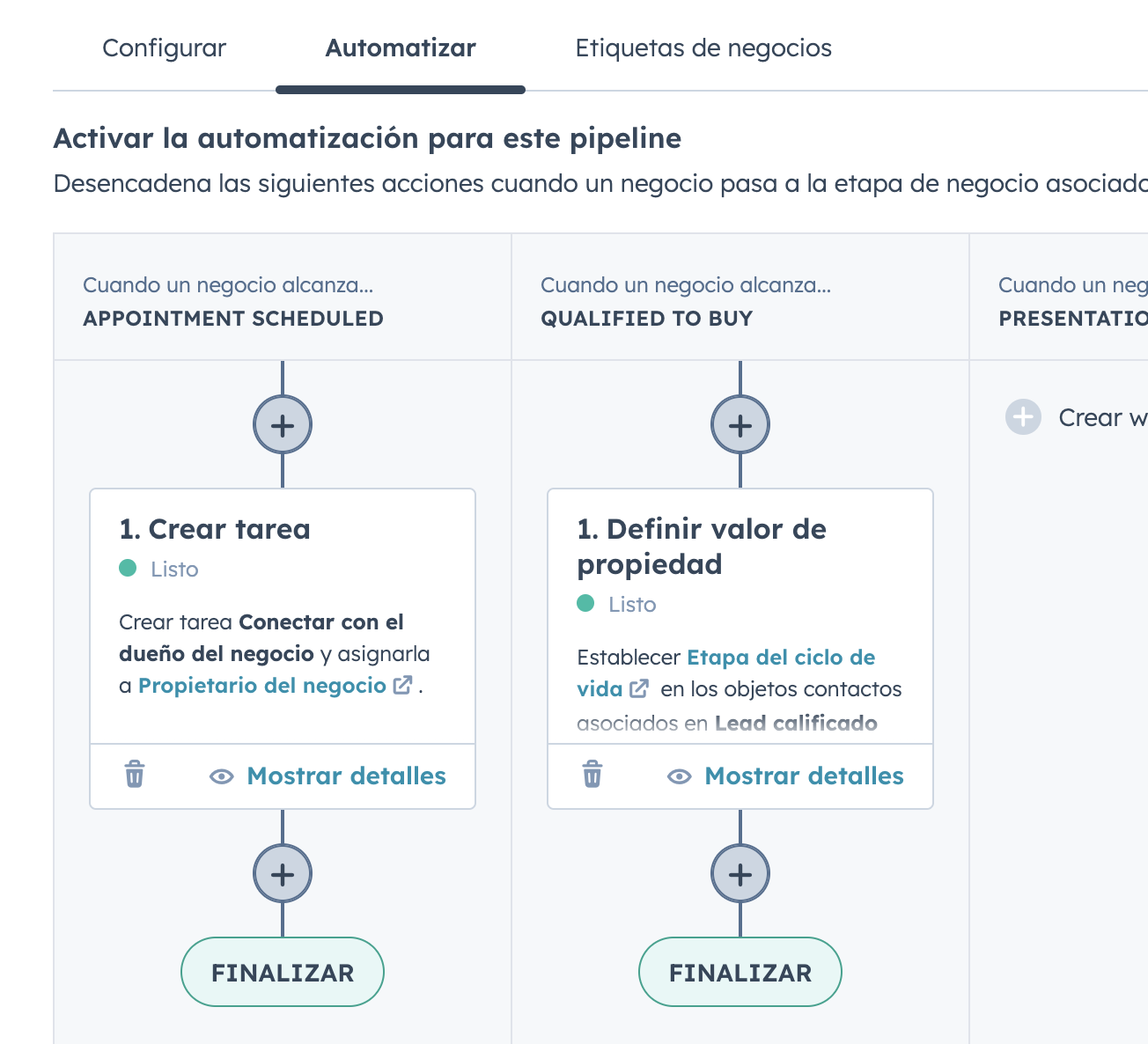 Opciones de automatización del pipeline en hubspot