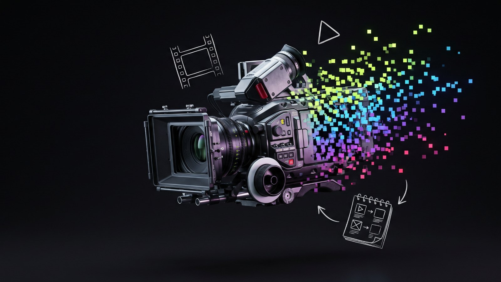 Cámara de cine profesional que se descompone en píxeles de colores, metáfora del vídeo creado con IA