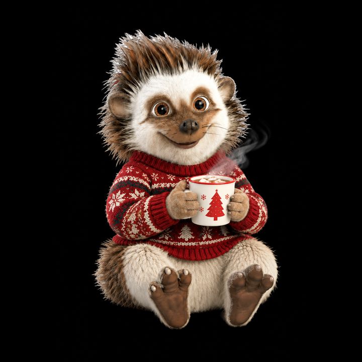 Rizo con jersey navideño y una taza