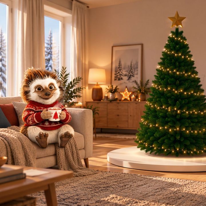 Rizo en un salón decorado por Navidad